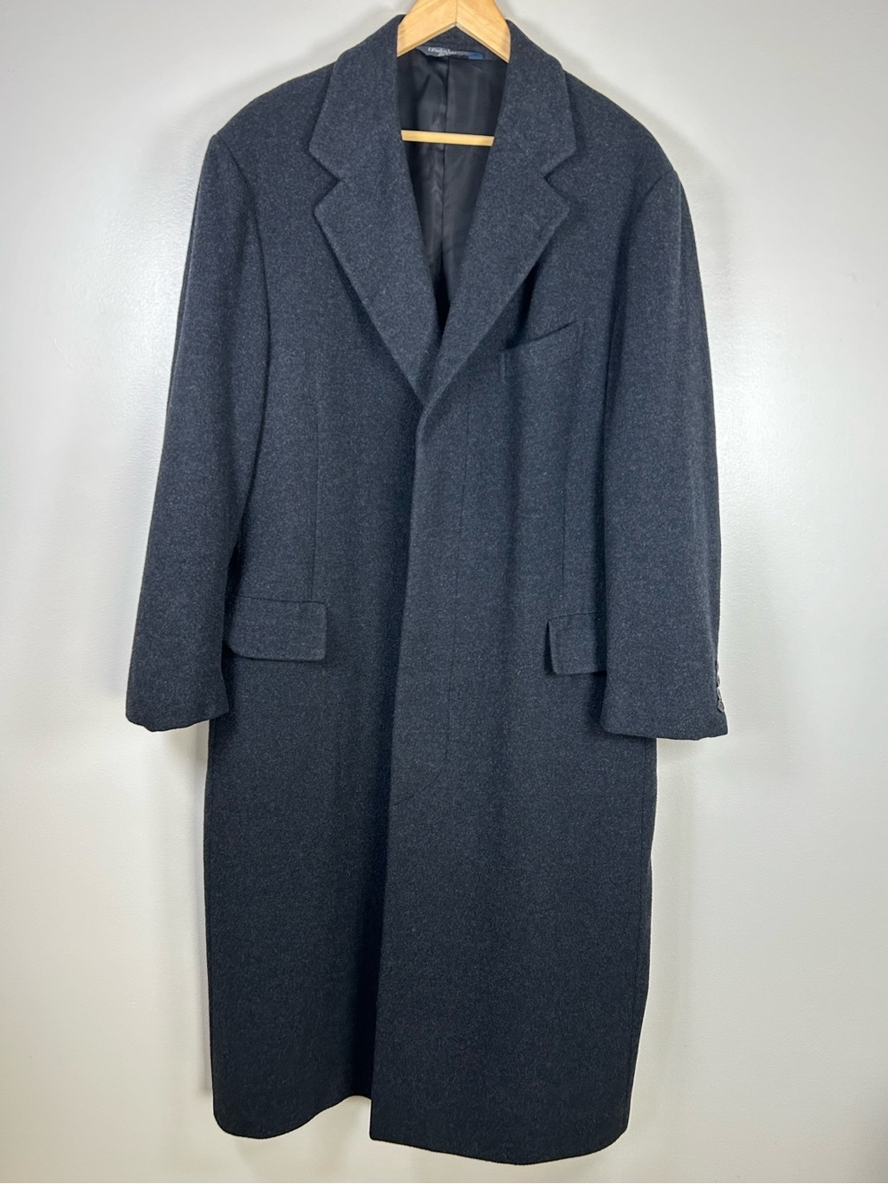 Polo Ralph Lauren 100% Cashmere Overcoat 42R Gray Long Trench Coat Blue Label